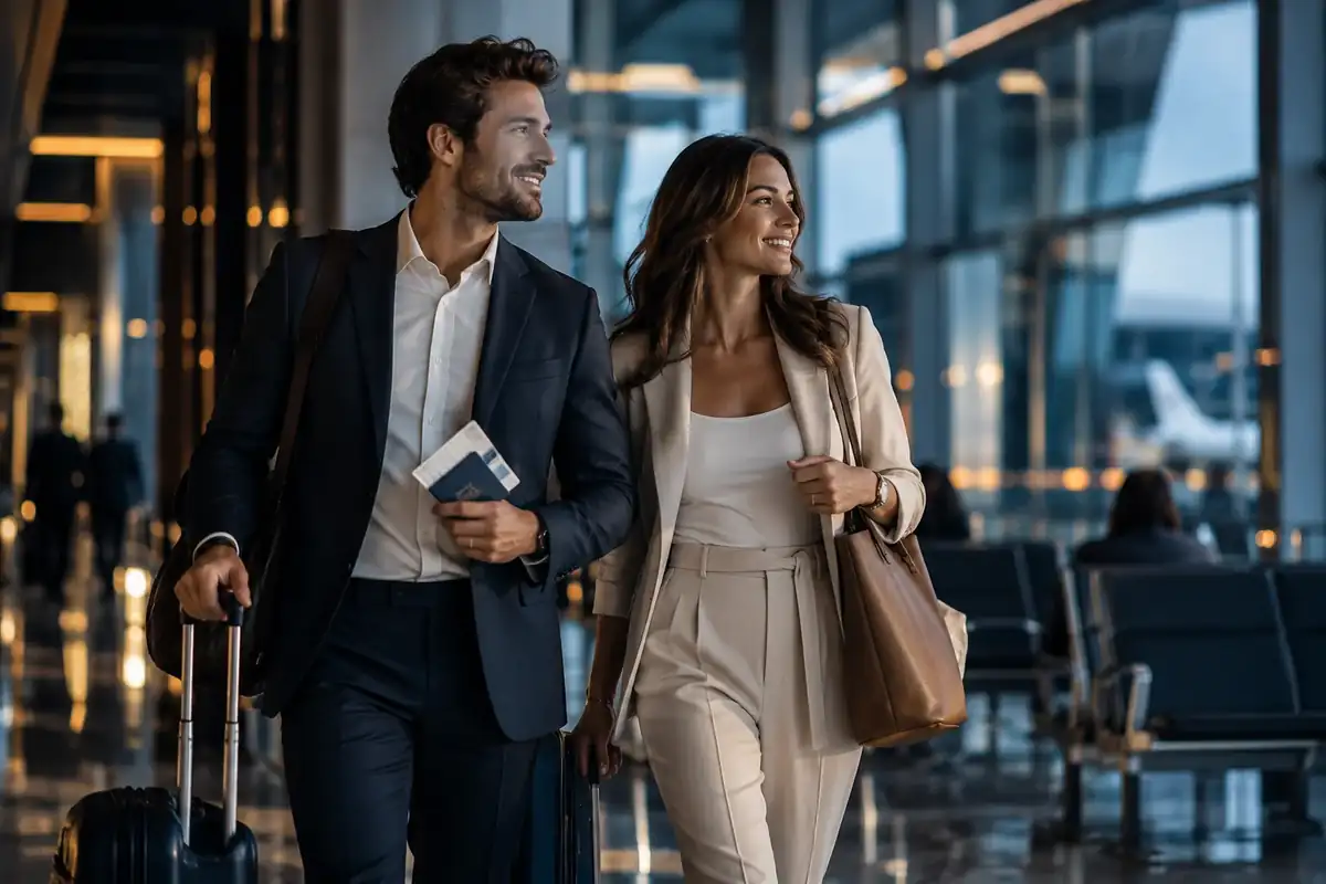 Viajantes com bagagens em ambiente de aeroporto