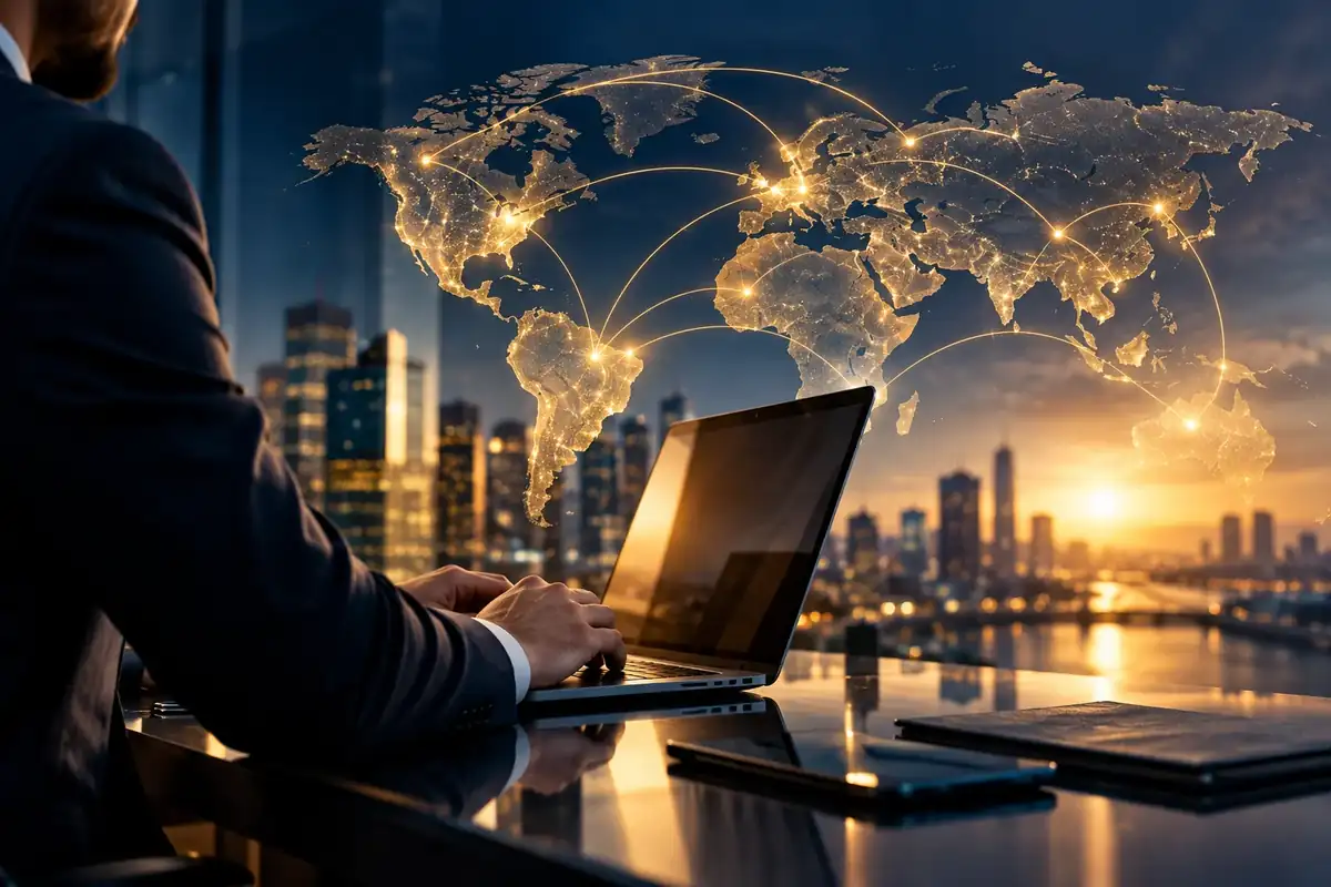 Profissional com notebook diante de composição visual de conexões entre países